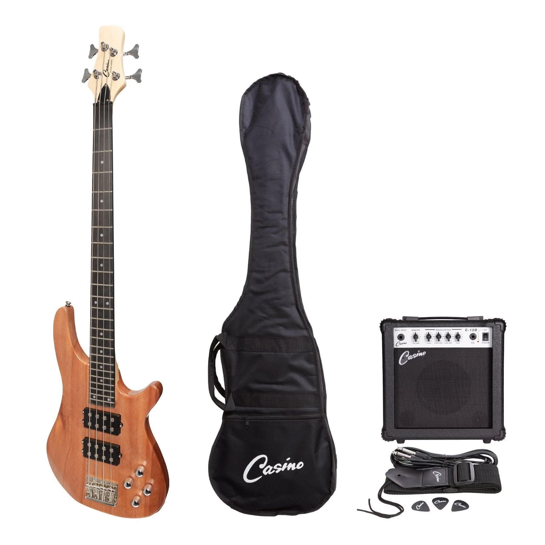 Casino '24 Series' Mahogany Tune-Style Electric Bass Guitar and 15 Watt Amplifier Pack (Natural Gloss) - GIG Guitars