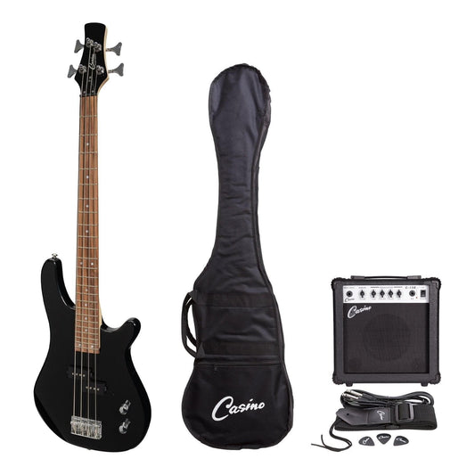 Casino '24 Series' Short Scale Tune-Style Electric Bass Guitar and 15 Watt Amplifier Pack (Black) - GIG Guitars