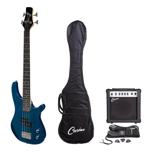 Casino '24 Series' Short Scale Tune-Style Electric Bass Guitar and 15 Watt Amplifier Pack (Transparent Blue) - GIG Guitars