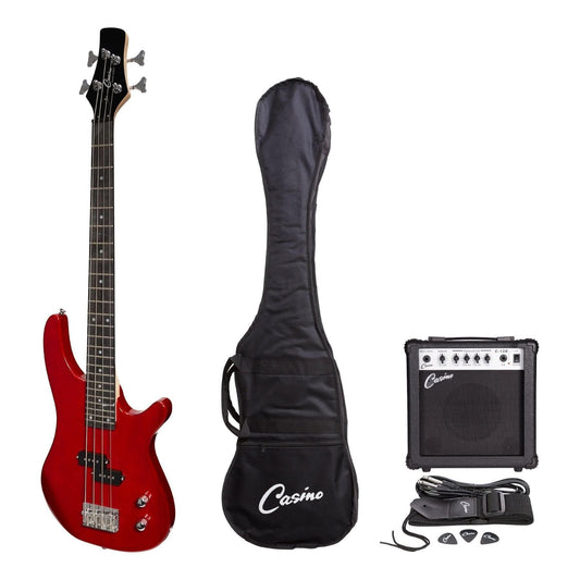 Casino '24 Series' Short Scale Tune-Style Electric Bass Guitar and 15 Watt Amplifier Pack (Transparent Wine Red) - GIG Guitars