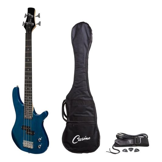 Casino '24 Series' Short Scale Tune-Style Electric Bass Guitar Set (Transparent Blue) - GIG Guitars