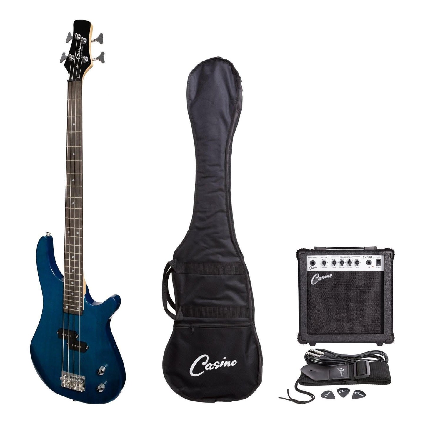 Casino '24 Series' Tune-Style Electric Bass Guitar and 15 Watt Amplifier Pack (Transparent Blue) - GIG Guitars