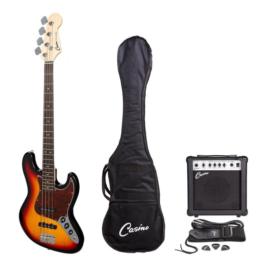 Casino J-Style Electric Bass Guitar and 15 Watt Amplifier Pack (Tobacco Sunburst) - GIG Guitars