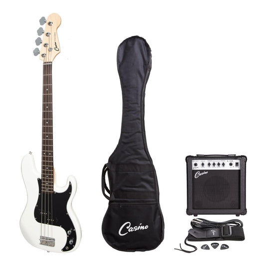 Casino P-Style Electric Bass Guitar and 15 Watt Amplifier Pack (White) - GIG Guitars