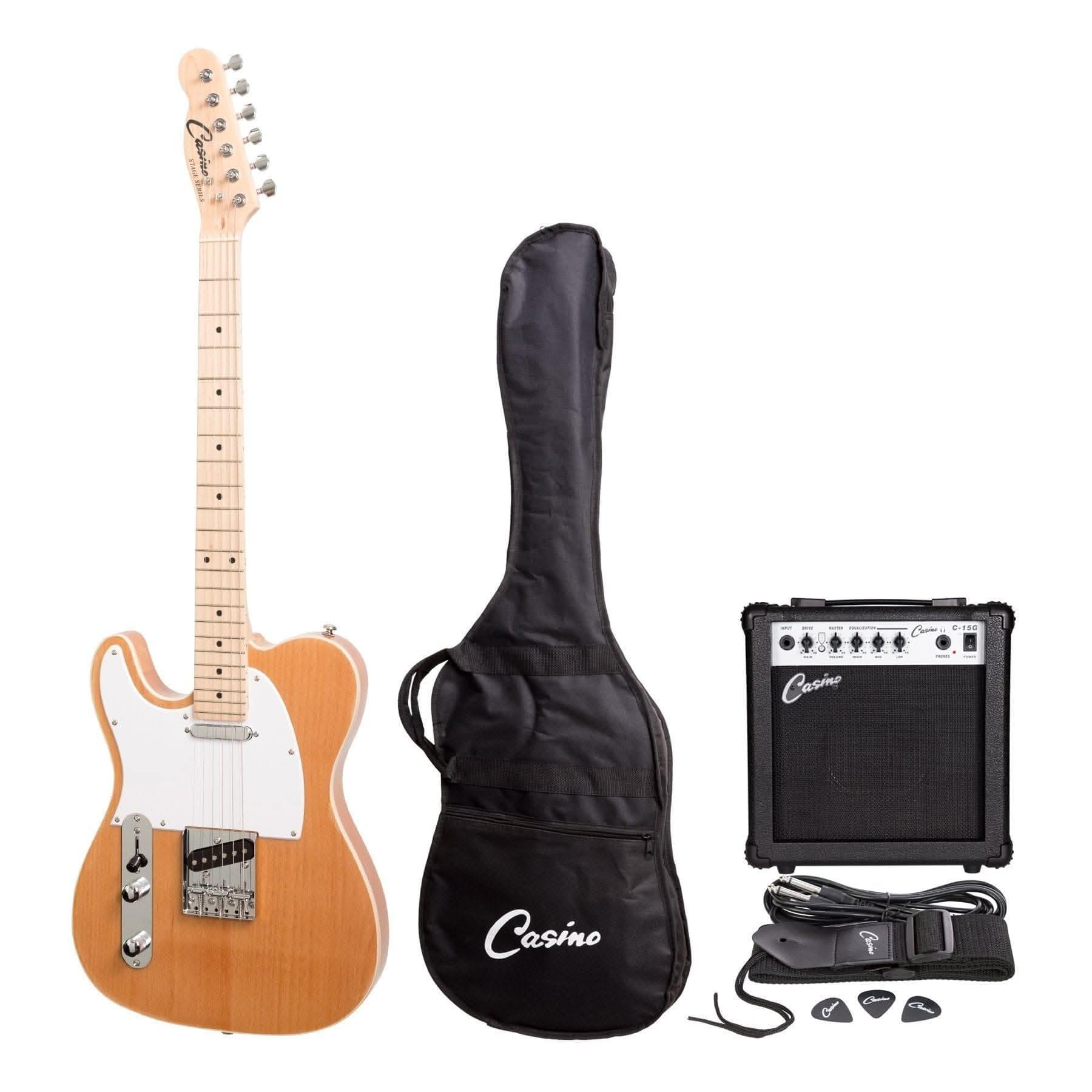 Casino TE-Style Left Handed Electric Guitar Set and 15 Watt Amplifier Pack (Natural Gloss) - GIG Guitars