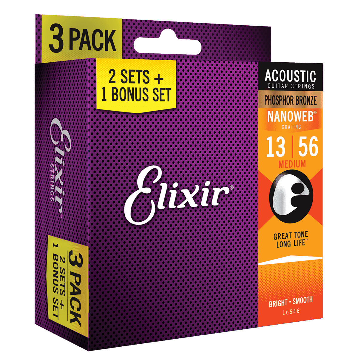 Elixir 16546 Nanoweb Phosphor Bronze 13-56 3 Pack Medium - GIG Guitars