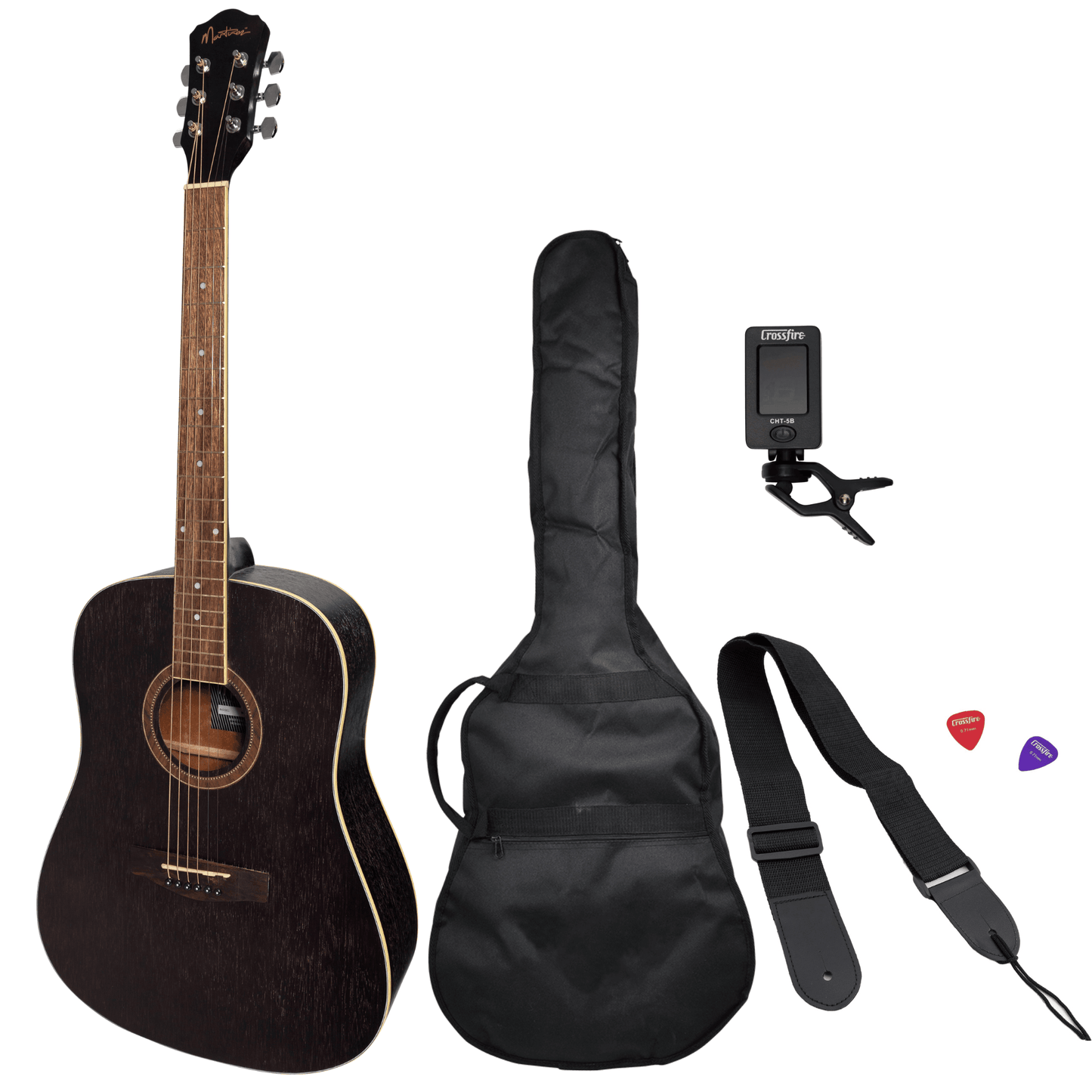 Martinez '41 Series' Dreadnought Acoustic Guitar Pack (Black) - GIG Guitars