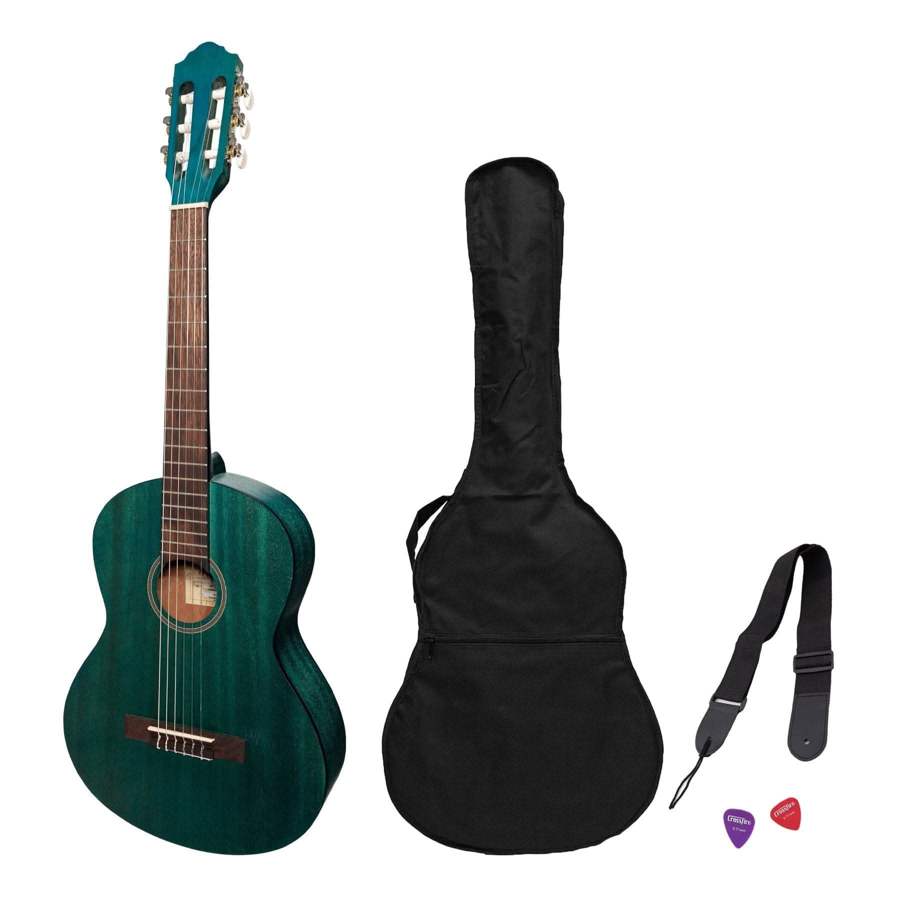 Martinez 'Slim Jim' 3/4 Size Student Classical Guitar Pack with Built In Tuner (Teal Green) - GIG Guitars