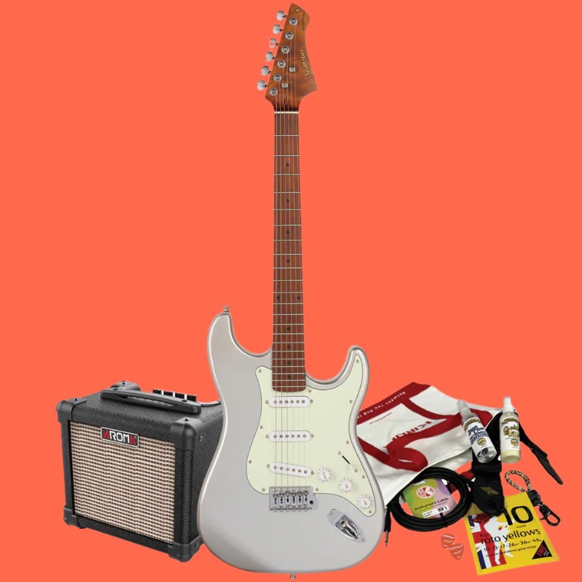 Northstar S-Style Electric Guitar Inca Silver with Aroma 10W Amp & Accessory Pack