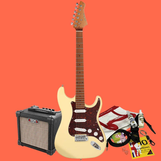 Northstar S-Style Electric Guitar Vintage White with Aroma 10W Amp & Accessory Pack
