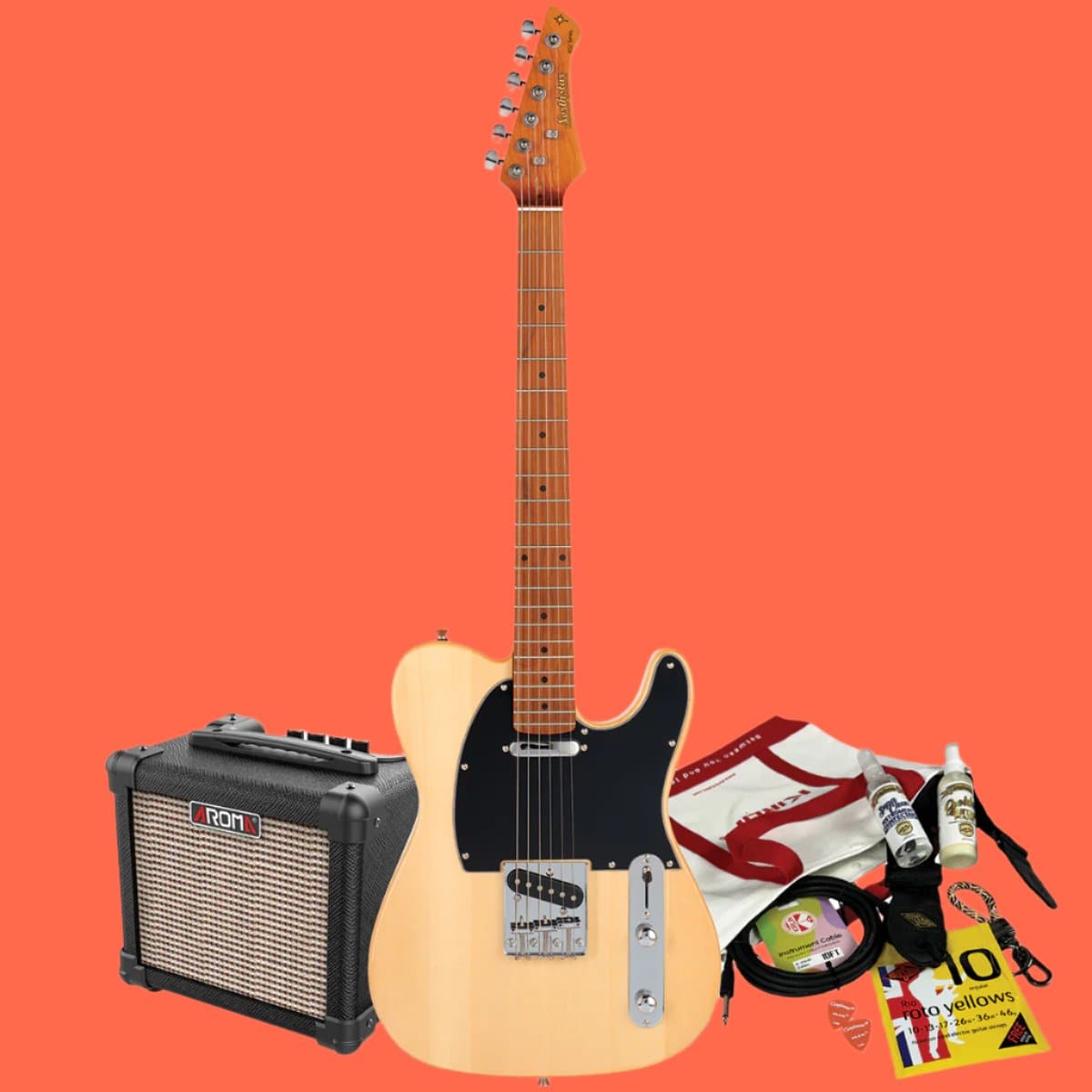 Northstar T-Style Electric Guitar Natural Matte with Aroma 10W Amp & Accessory Pack