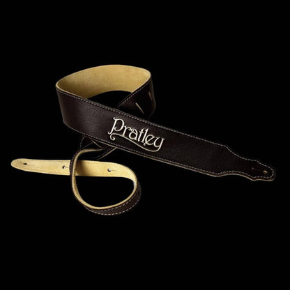 Pratley 2.5" Chocolate Leather Strap with Suede Backing and embroidered logo - GIG Guitars