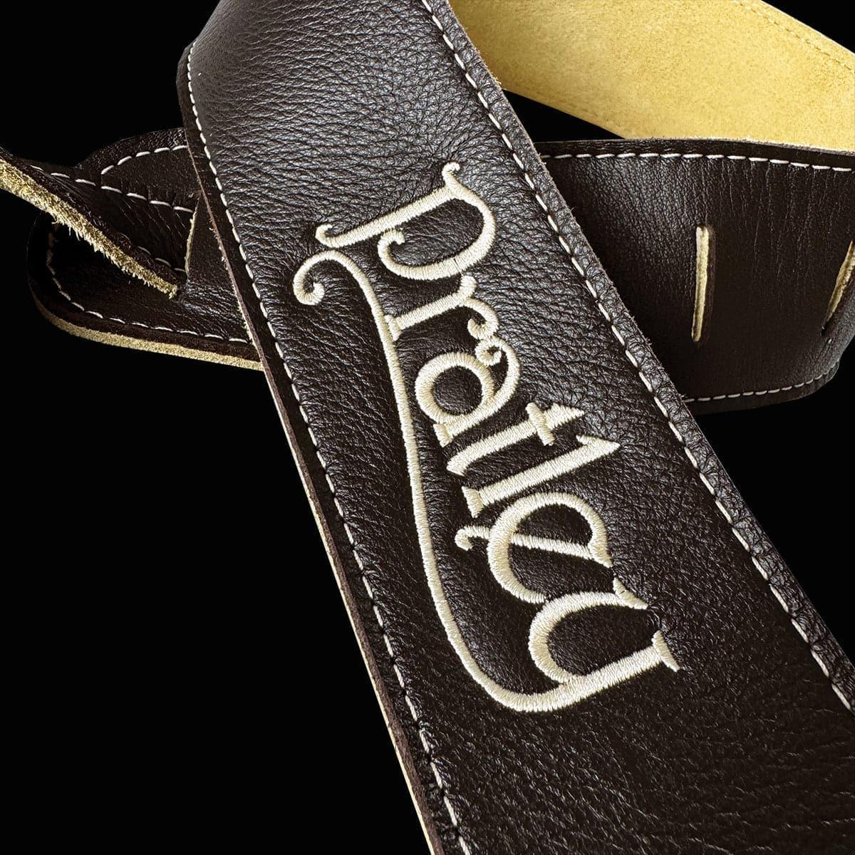 Pratley 2.5" Chocolate Leather Strap with Suede Backing and embroidered logo - GIG Guitars