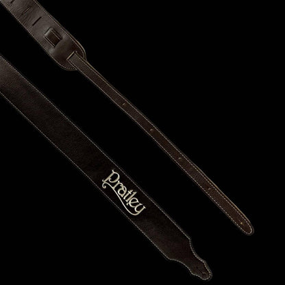 Pratley 2.5" Chocolate Leather Strap with Suede Backing and embroidered logo - GIG Guitars