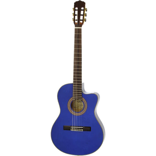 Aria A48 Series AC/EL Classical/Nylon String Thin Body Guitar with Cutaway in See-Thru Blue